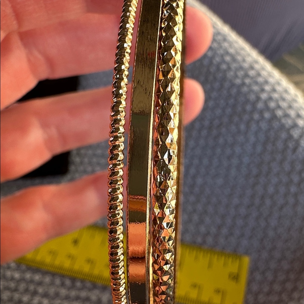 Bangle Bracelet Trio. Goldtone, smooth high polish and textured. - Picture 3 of 7